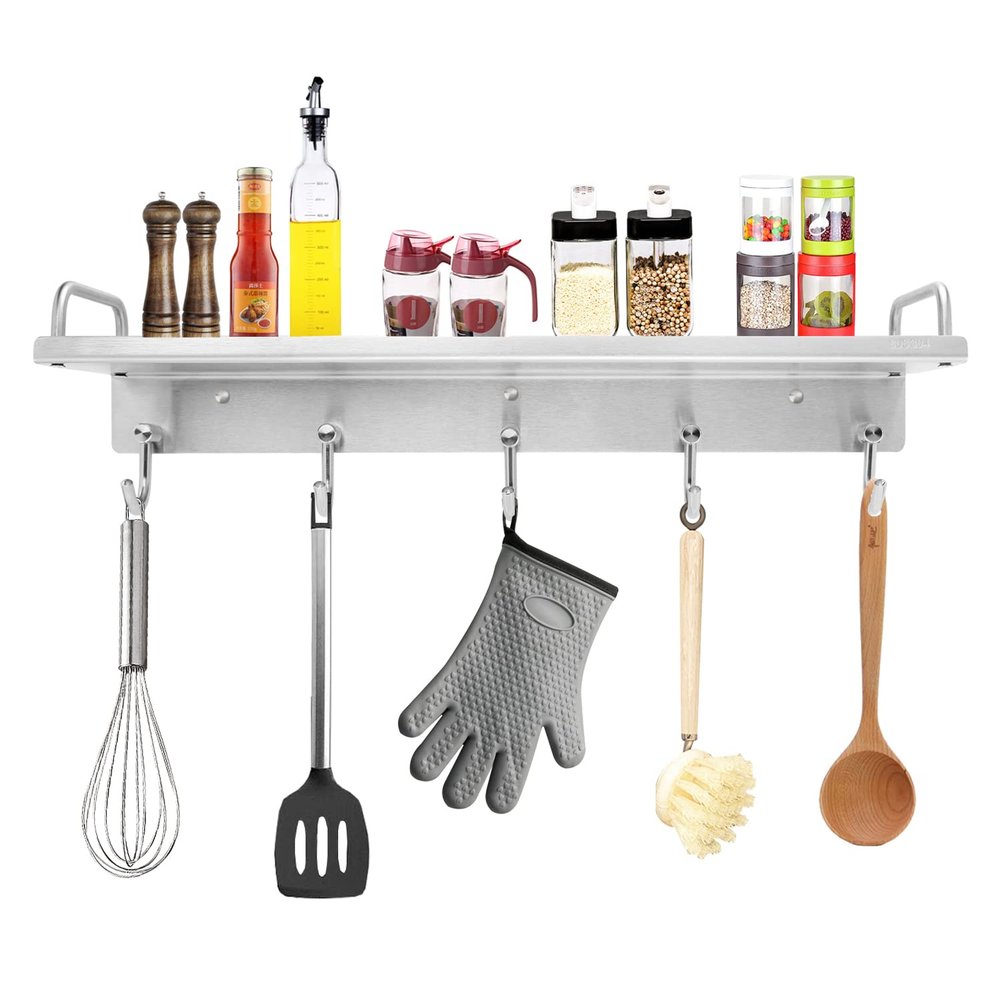 Audmore Kitchen Utensil Rack, Spice Rack with Hooks Wall Mount, Over the Stove Shelf, Stainless Steel, Hanging Storage Wall Shelf for Spatula Spoon, Seasoning Jar Organizer