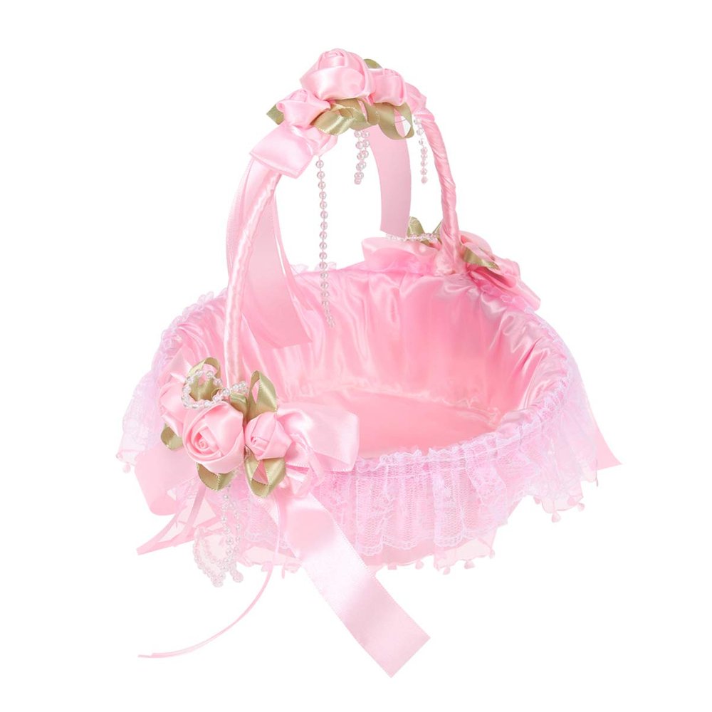 Amosfun Wedding Flower Girl Basket with Handle Jacquard Fabric Bowknot Flower Petal Holder for Ceremony Party Decoration 8.26X8.26X9.84 Inches