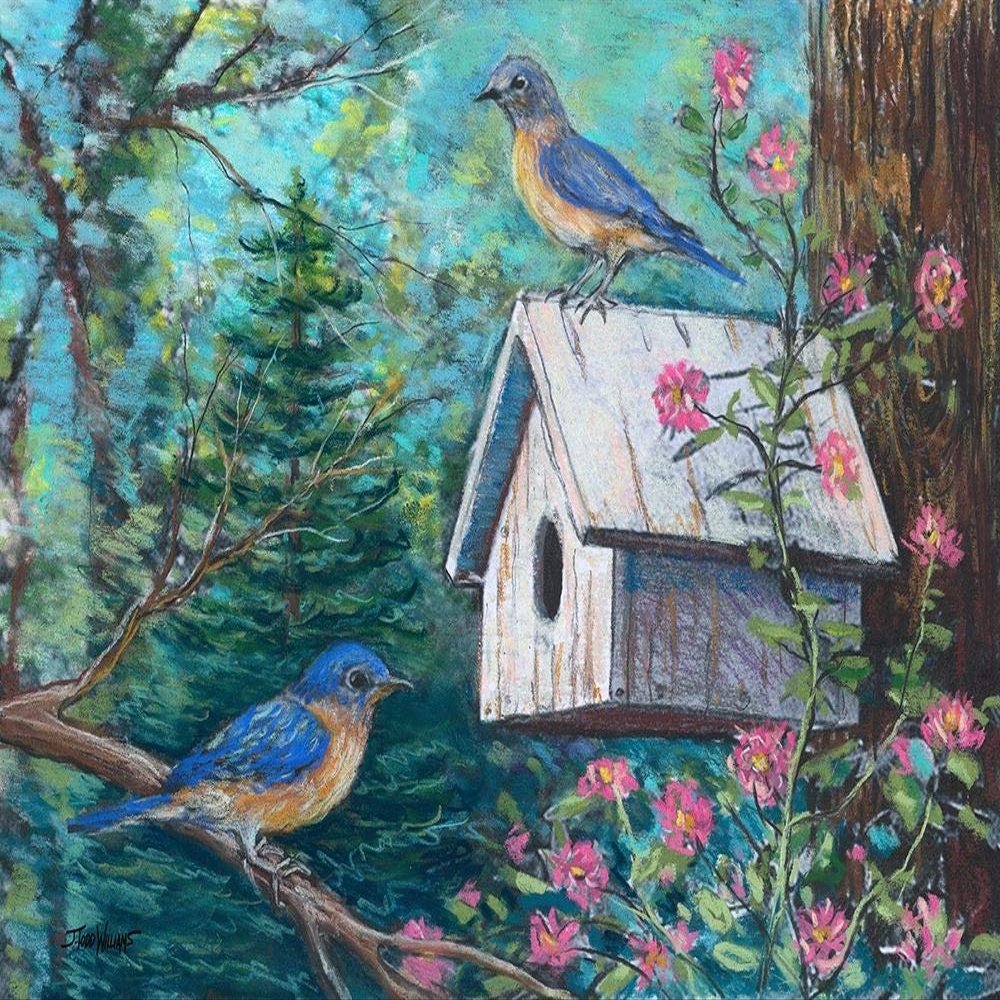 Posterazzi PDXTWM394LARGE Blue Birds and House Photo Print, 36 x 24, Multi