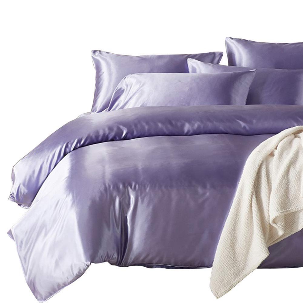 Comfort Bed Store Luxurious Soft Silky Satin 6 Piece (1 Comforter + 1 Duvet Cover + 4 Pillow Cases) Comforter Set, Lilac, Olympic Queen