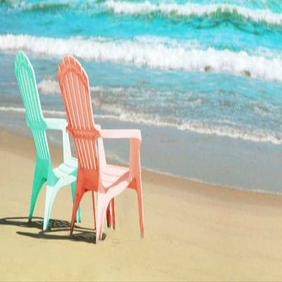 Posterazzi PDXZFPL018BLARGE Bright Adirondak Chairs on The Beach Photo Print, 36 x 24, Multi