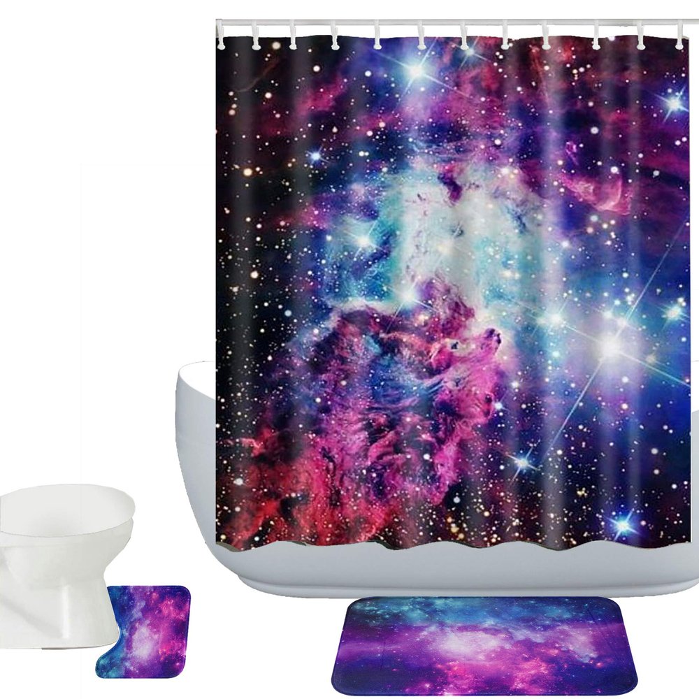 Amagical Galaxy Space Colorful Nebulae Purple Star Sky 3 Piece Bathroom Mat Set Shower Curtain Set Bath Mat Contour Mat Fabric Shower Curtain with 12 Hooks