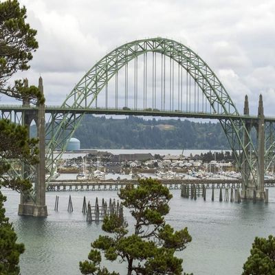 Posterazzi PDDUS38BJY1236LARGE USA, Oregon, Newport. Yaquina Bay Bridge and Landscape Photo Print, 24 x 36, Multi