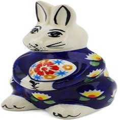 Polmedia Polish Pottery Bunny Figurine - Waterlily Pattern Handmade in Boleslawiec Poland + Certificate of Authenticity
