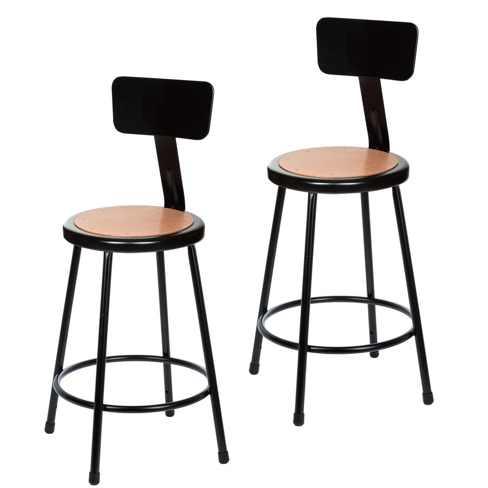 OEF Furnishings OEF6224B-10/2 Premium Commercial-Grade All-Purpose Round Stool with Backrest (24-inch Height, Black Frame, Masonite Wood Seat, 2-Pack)