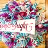 Christmas wreath with mesh and Merry & Bright sign view 2