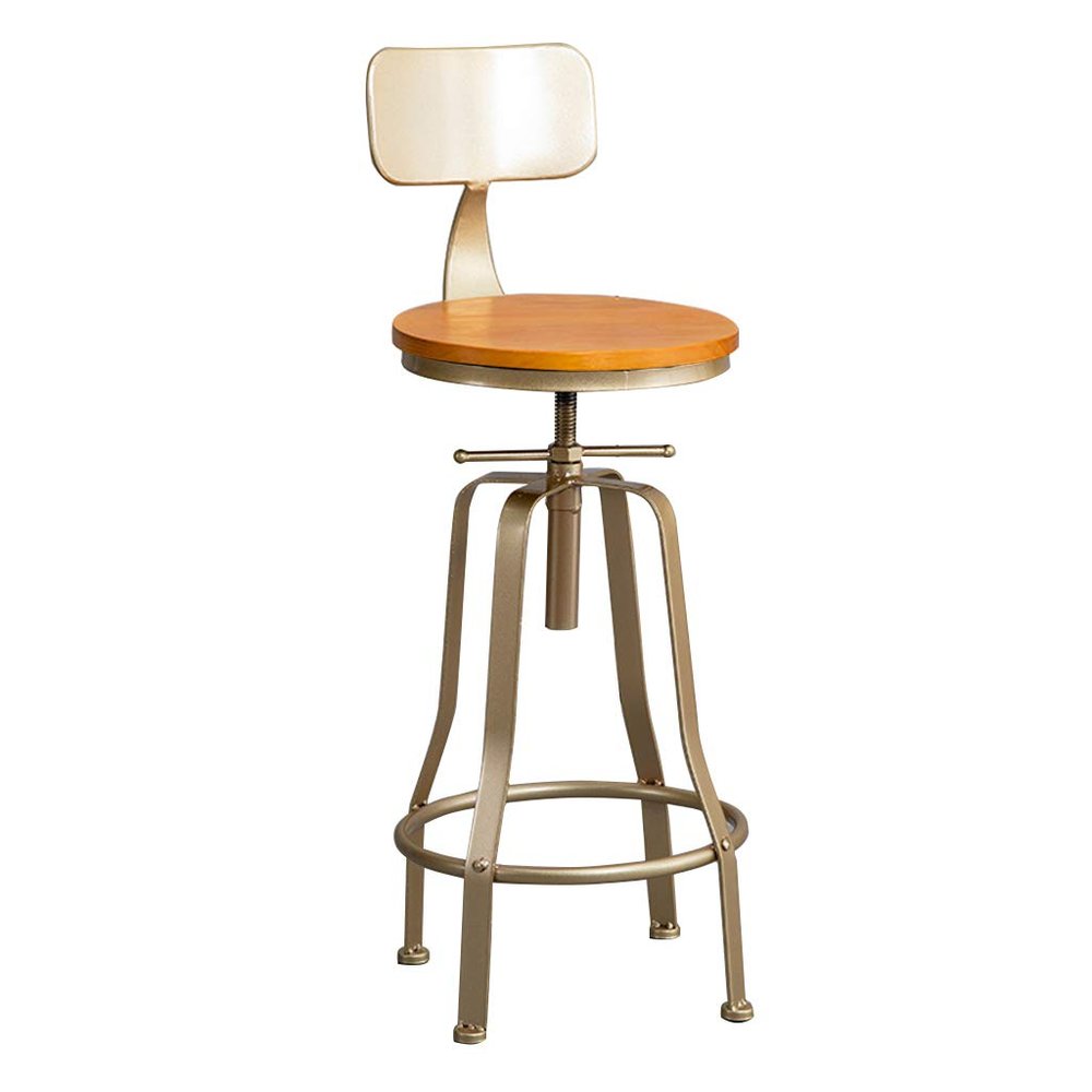 Bar Stool Adjustable and Swivels Bar Chair with Back Round Kitchen Island Breakfast Stool Counter Stools High Stool Vintage Industrial Design, Wood Seat and Gold Legs
