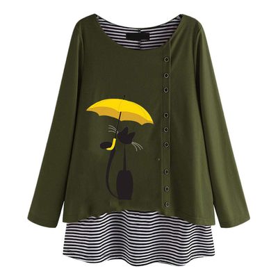 Long Sleeve Tee Blouse Women, Amiley Women Plus Size Cat Print Striped Button Long Sleeve T Shirts Casual Soft Tops Blouses Army Green