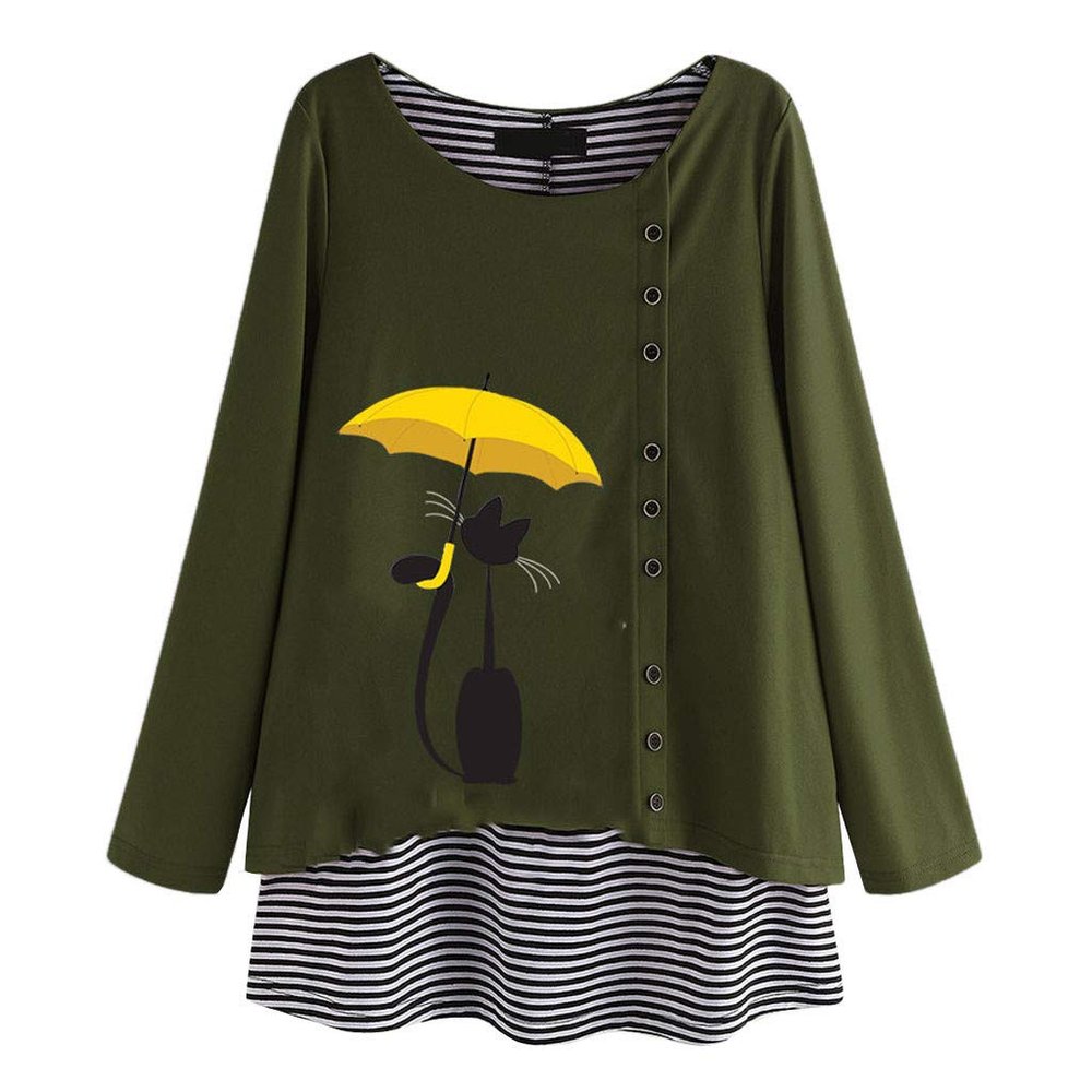 Long Sleeve Tee Blouse Women, Amiley Women Plus Size Cat Print Striped Button Long Sleeve T Shirts Casual Soft Tops Blouses Army Green