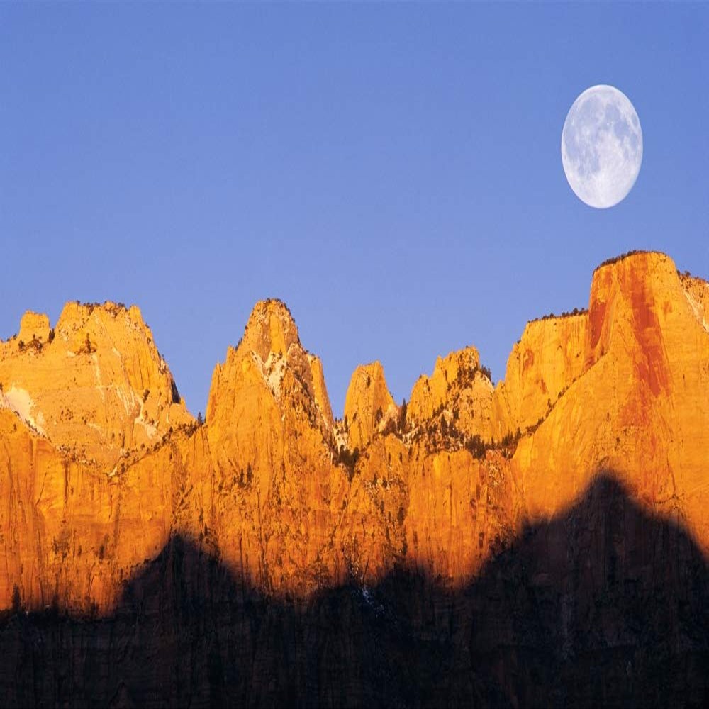 Posterazzi PDDUS45RBS0061LARGE Full Moon and Winter Dawn on The Towers of The Virgin, Zion National Park, Utah, USA Photo Print, 24 x 36, Multi