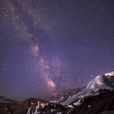 Posterazzi PDDUS48GLU1014LARGE WA. Night Shot of Milky Way and Stars Over Mt. Rainier Photo Print, 24 x 36, Multi