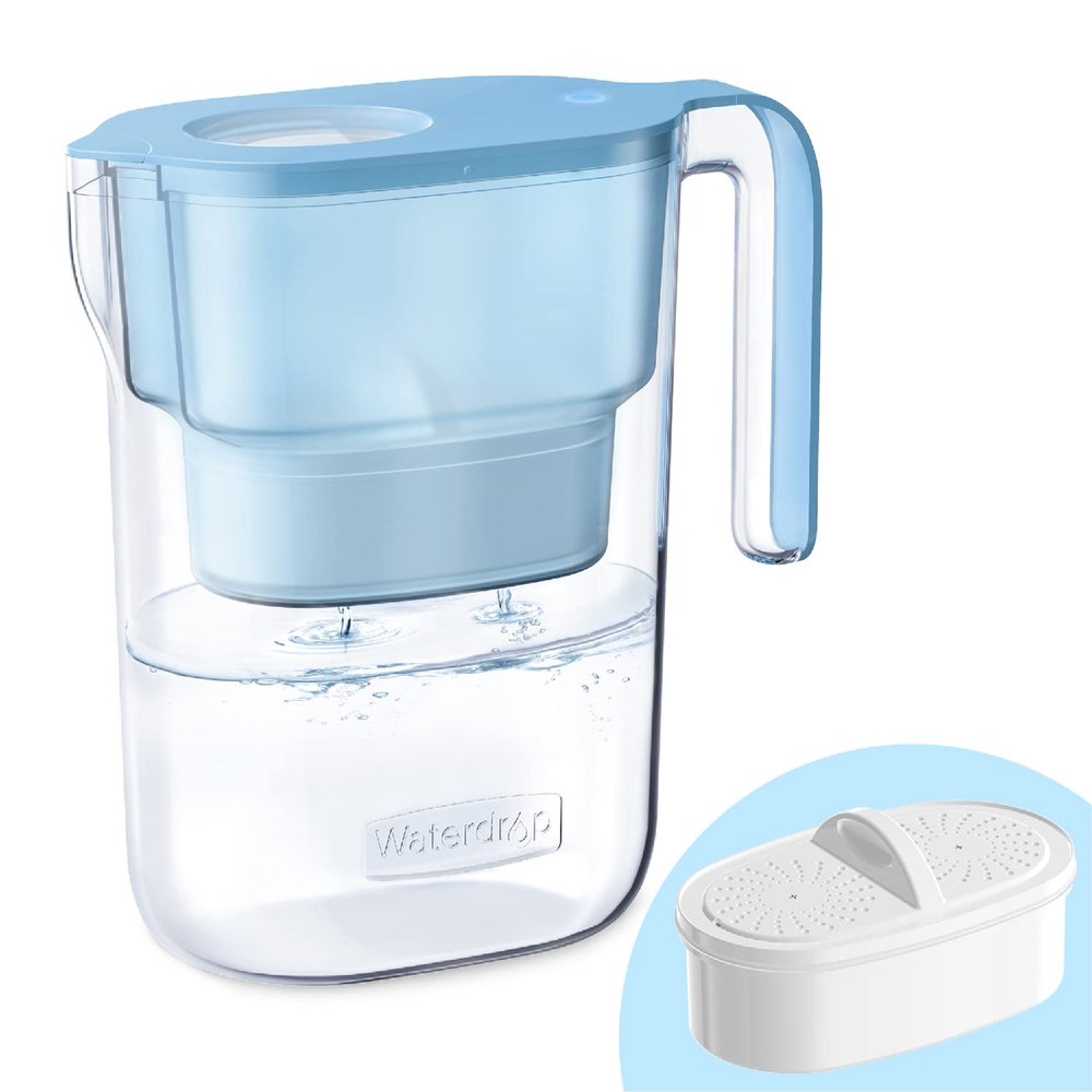 Waterdrop PT-05B Water Filter Pitcher, 7-Cup Capacity, NSF Certified, 5X Longer Filter Life, Up to 200 Gallons, for Fridge, Countertop, and Gift Giving, Reduces PFOA/PFOS, Chlorine, Blue