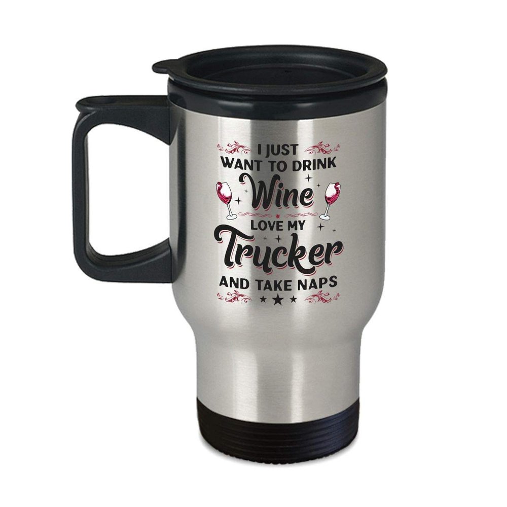BeeTeeStore Trucker's Wife and Wine Lover Travel Mug - 14oz Stainless Steel Insulated Coffee Cup - Great for Wife Appreciation Day & National Truck Driver Appreciation Week