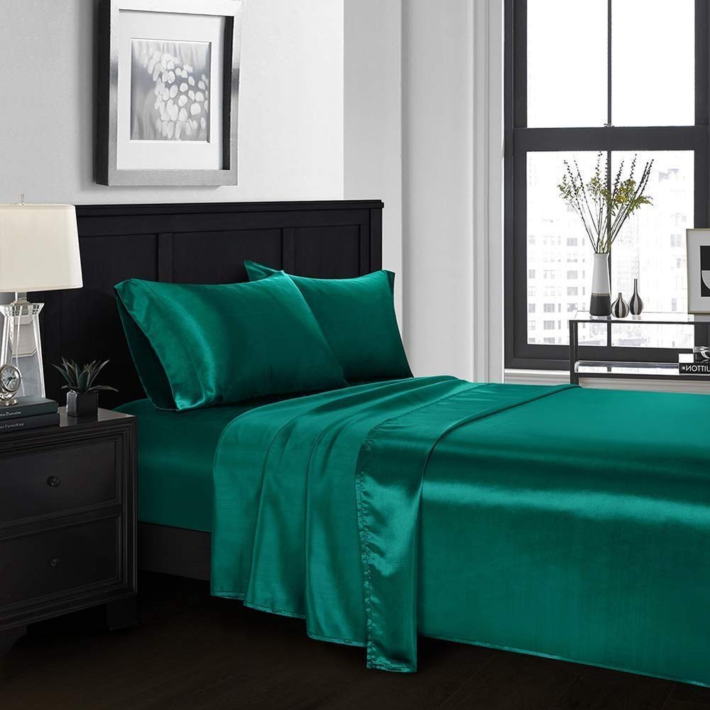 4 Pieces Satin Sheets 100% Pure Silk Luxurious Ultra-Soft Smooth Bedding Collection, 19" Deep Pocket 1Fitted Sheet,1Flat Sheet,2 Satin Pillowcases (Teal/Olympic Queen)