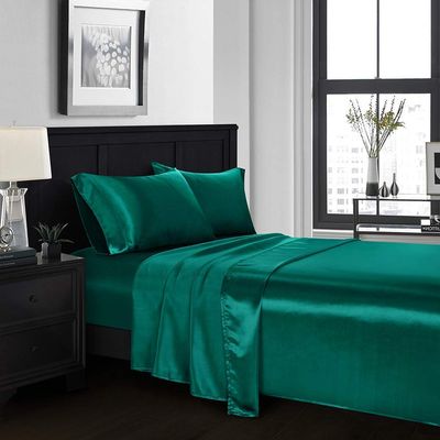 4 Pieces Satin Sheets 100% Pure Silk Luxurious Ultra-Soft Smooth Bedding Collection, 19" Deep Pocket 1Fitted Sheet,1Flat Sheet,2 Satin Pillowcases (Teal/Cal Queen)