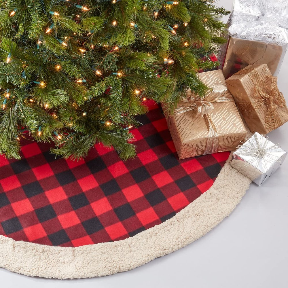 Fennco Styles Buffalo Plaid with Sherpa Border Tree Skirt 72 Inch Round - Red Tree Skirt for Home, Christmas Tree, Holiday Decoration and Special Events