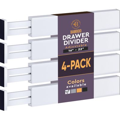 4 Pack Drawer Divider - 2.6" High, 16" to 22" Adjustable Bamboo Drawer Organizers for Clothes, Expandable Dresser Separators in Bedroom/Bathroom/Kitchen/Office Organization and Storage (White)