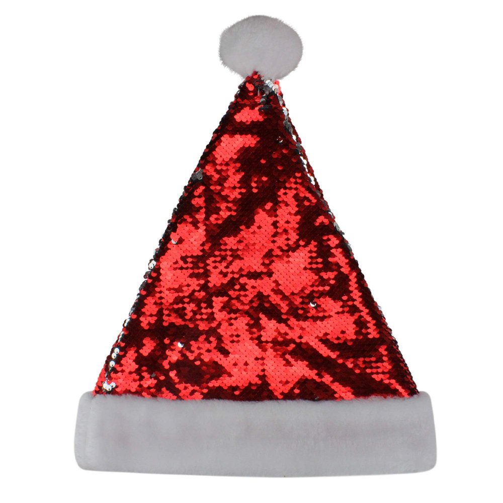 Northlight 15" Red and Silver Reversible Sequined Christmas Santa Hat with Faux Fur Cuff