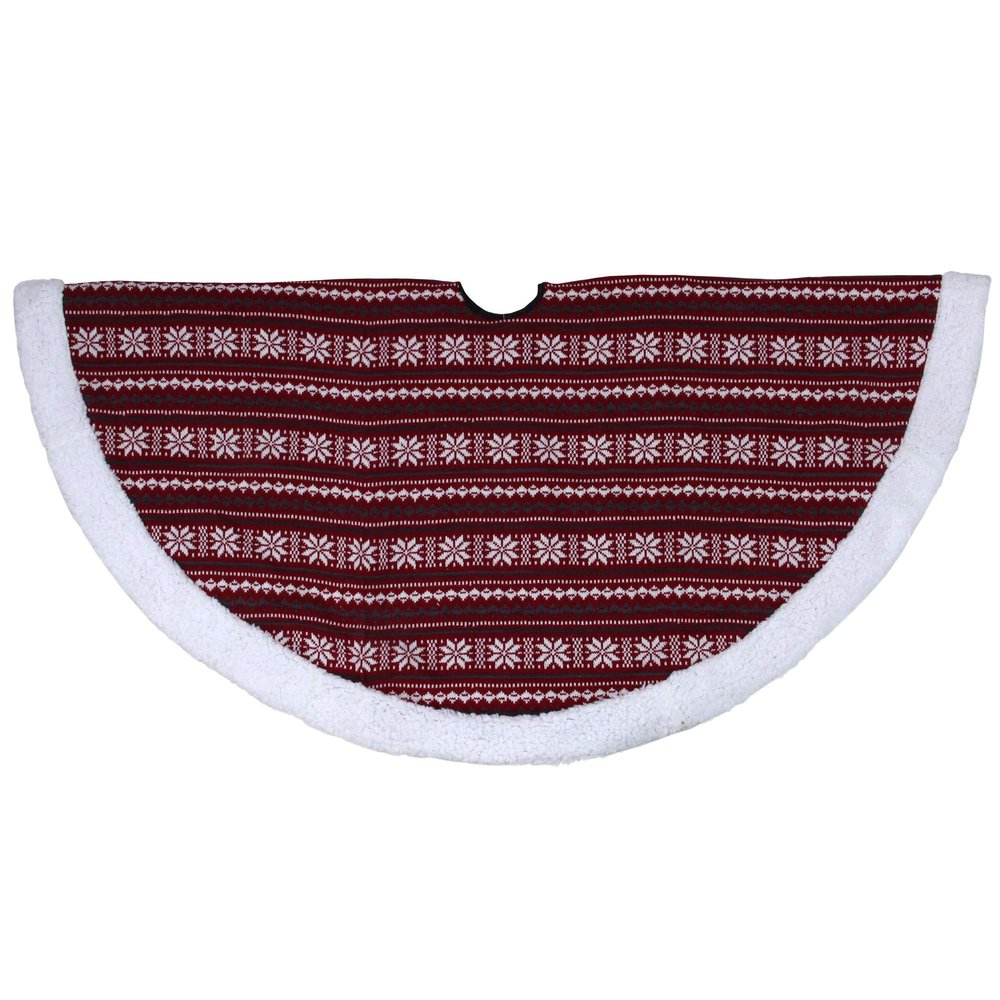 48" Red and White Knitted Snowflake Lodge Christmas Tree Skirt