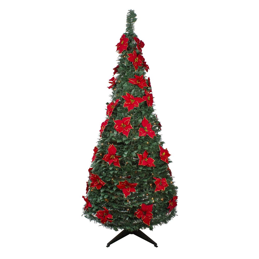 Pre-Lit Slim Pre-Decorated Artificial Poinsettia Pop-Up Christmas Tree - 6' - Clear Lights