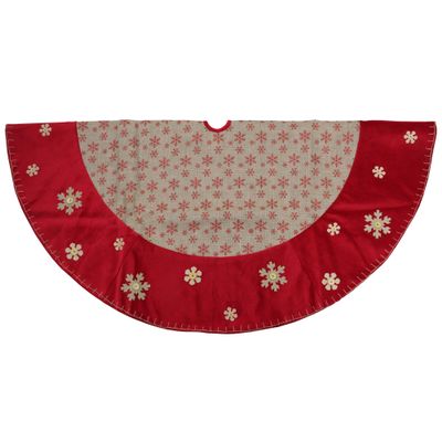 60" Burlap Glittered Snowflake Rustic Christmas Tree Skirt with Red Velvet Trim
