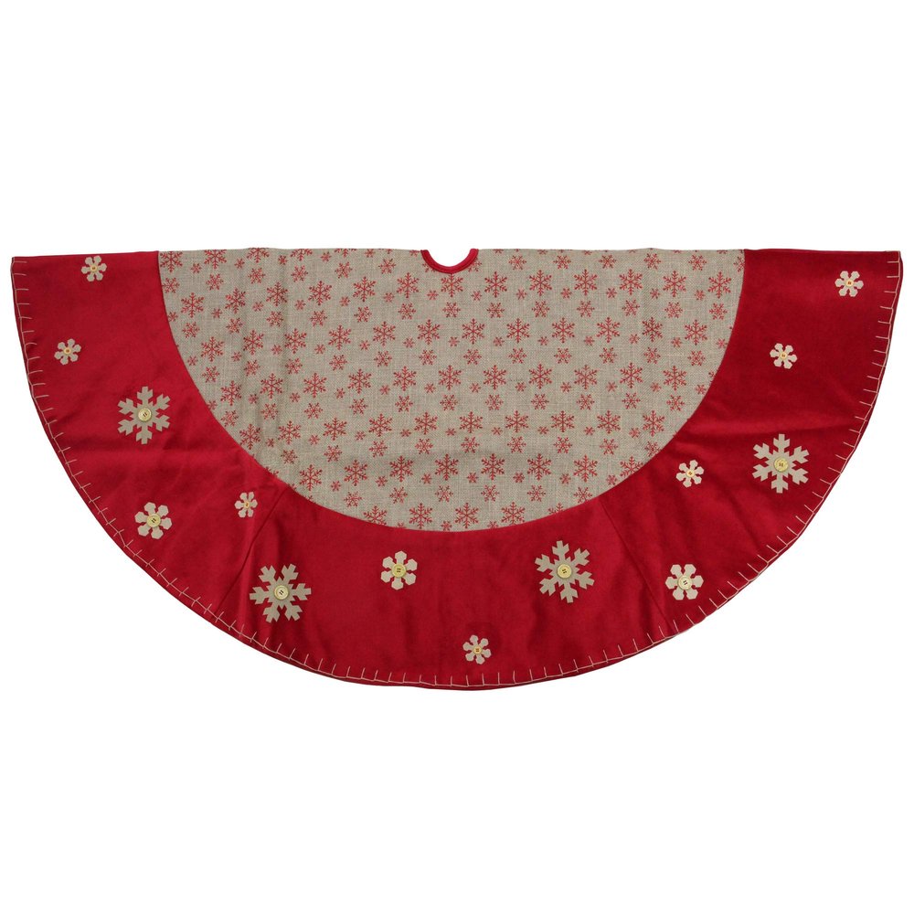 60" Burlap Glittered Snowflake Rustic Christmas Tree Skirt with Red Velvet Trim