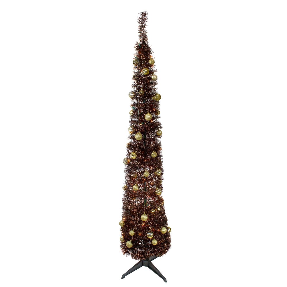 Pre-Lit Pre-Decorated Tinsel Pop-Up Artificial Christmas Tree - 6' - Brown - Clear Lights