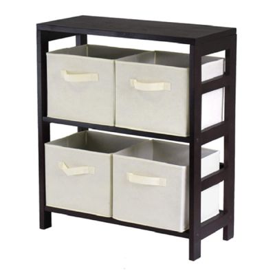 Contemporary Home Living Set of 5 Espresso Brown and Beige Wide Storage Shelf and Baskets, 29"