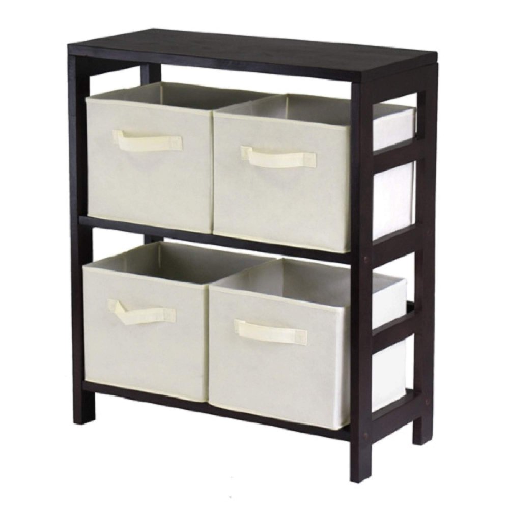 Contemporary Home Living Set of 5 Espresso Brown and Beige Wide Storage Shelf and Baskets, 29"