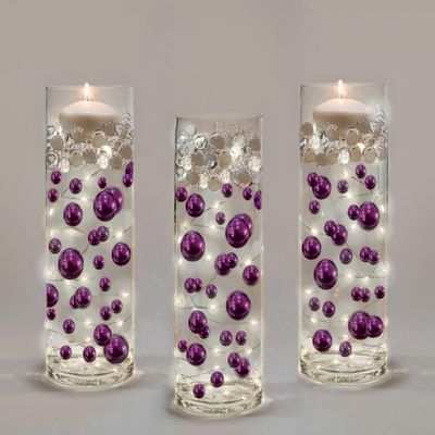 750 Floating Purple Plum Pearls- Large Sizes- Fills 10 Gallons of The Floating Transparent Water Gels for Your Vases- with Pre-Measured Prep Bags- 30 White Fully Submersible Fairy Lights