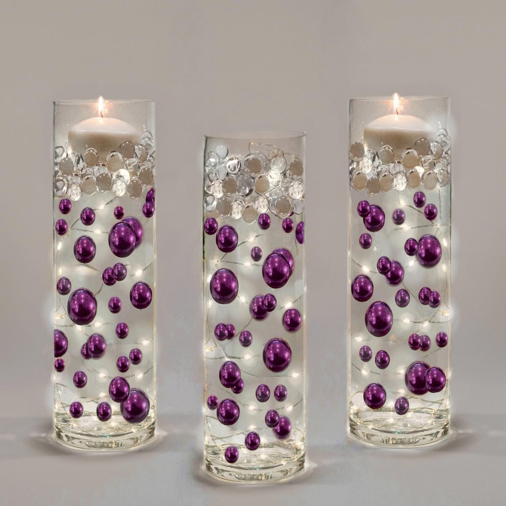 750 Floating Purple Plum Pearls- Large Sizes- Fills 10 Gallons of The Floating Transparent Water Gels for Your Vases- with Pre-Measured Prep Bags- 30 White Fully Submersible Fairy Lights