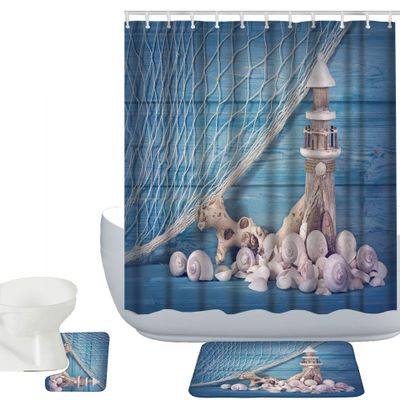 Amagical Blue Marine Life Seashells Conch 3 Piece Bathroom Mat Set Shower Curtain Set Bath Mat Contour Mat Fabric Waterproof Shower Curtain with 12 Hooks