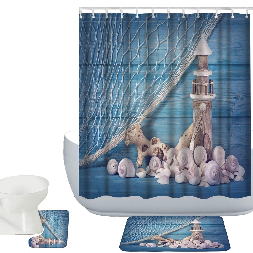 Amagical Blue Marine Life Seashells Conch 3 Piece Bathroom Mat Set Shower Curtain Set Bath Mat Contour Mat Fabric Waterproof Shower Curtain with 12 Hooks