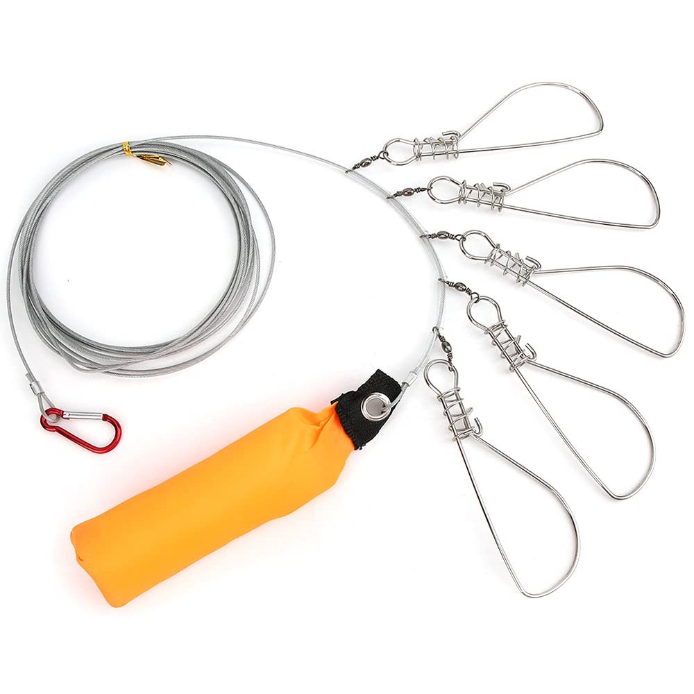 Fish Stringer with 5 Stainless Steel Locking Movable Buckle and Stainless Steel Ropes Fishing Lock Cable Accessory
