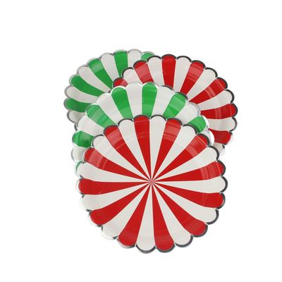 AMYESE Red Green Striped Round Paper Plates - 9 inch 16 Count Biodegradable Decorative Plates for Birthday Party, Holiday Celebration, Christmas, Graduation, Easter