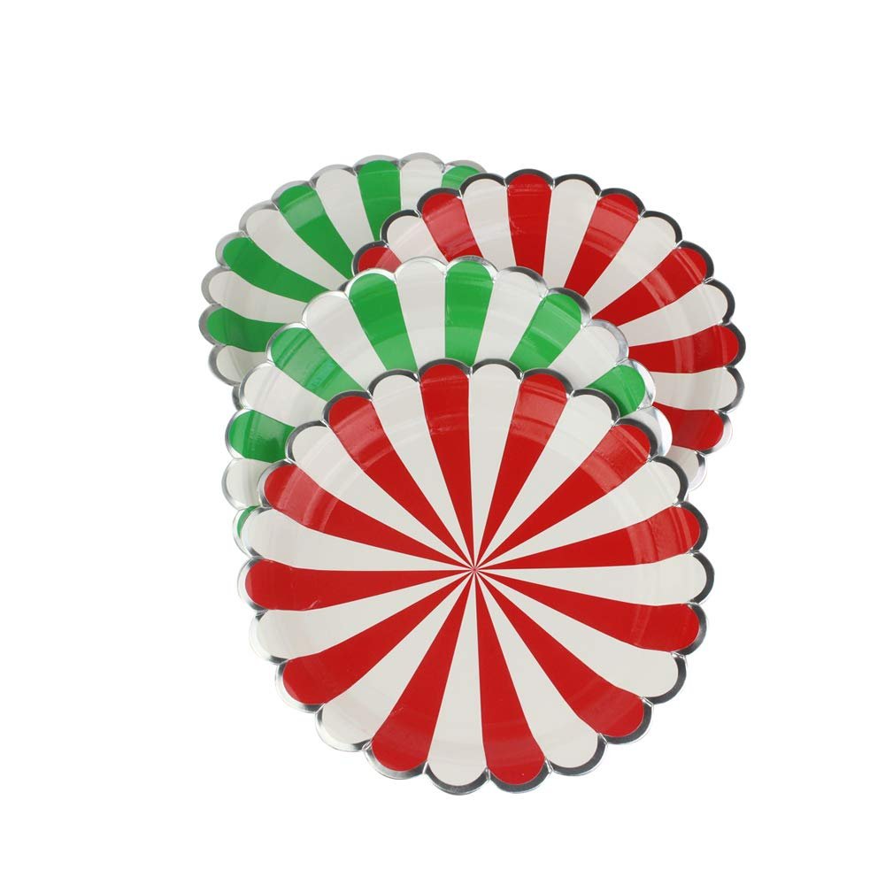 AMYESE Red Green Striped Round Paper Plates - 9 inch 16 Count Biodegradable Decorative Plates for Birthday Party, Holiday Celebration, Christmas, Graduation, Easter