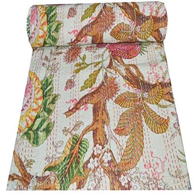 YUVANCRAFTS Indian Multi Floral Prit Kantha Quilt Queen Size Pure Cotton Kantha Throw Blanket Bedspread