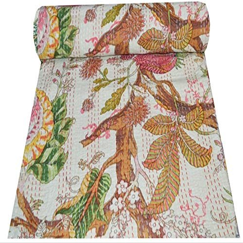 YUVANCRAFTS Indian Multi Floral Prit Kantha Quilt Queen Size Pure Cotton Kantha Throw Blanket Bedspread