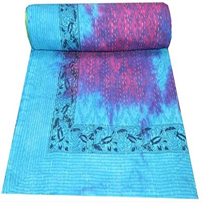YUVANCRAFTS Indian Multi Tye Die Print Kantha Quilt Handmade Queen Pure Cotton Kantha Quilt Blanket Bedspread Throw