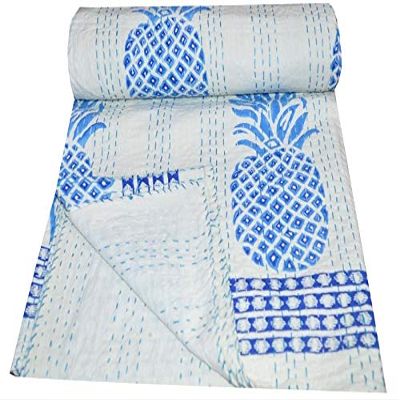 YUVANCRAFTS Indian Traditional Pineapple Print Cotton Kanhta Quilt Handblock Vintage Queen Kantha Throw Banket Bedspread
