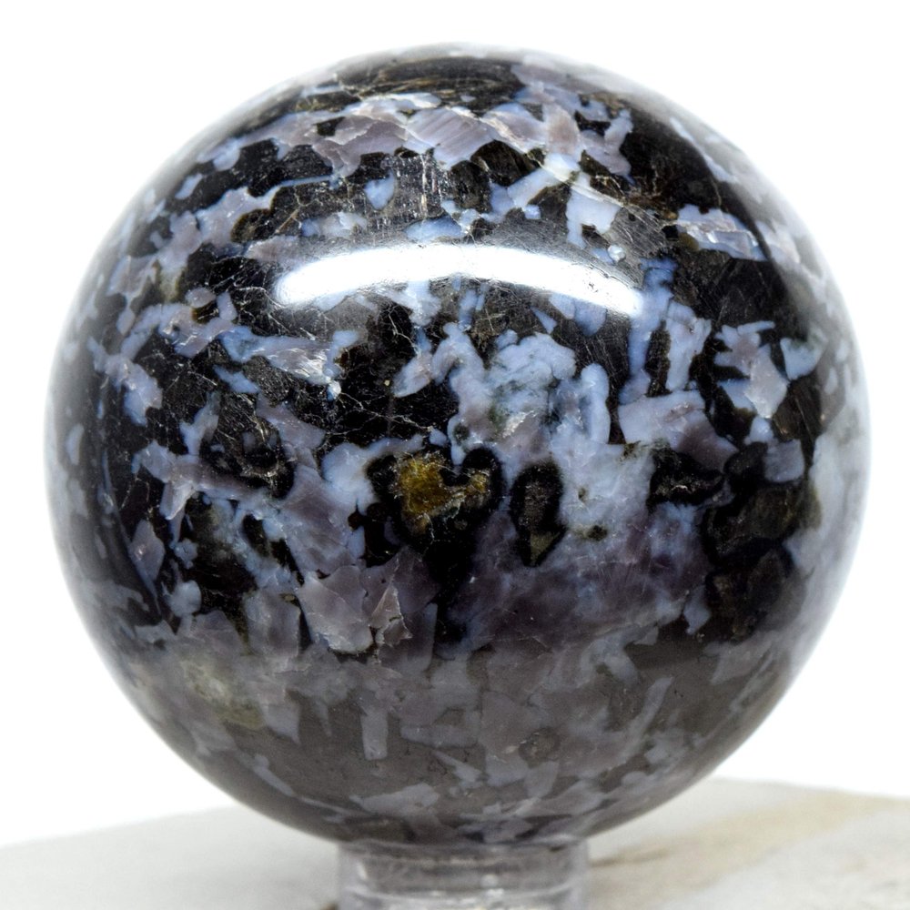 2" Indigo Gabbro Sphere Sparkling Natural Blizzard Crystal Ball Mystic Merlinite Mineral Polished Stone - Madagascar + Stand