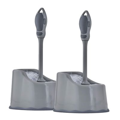 Superio Toilet Bowl Brush and Holder with Under Rim Cleaner for Bathroom, Toilet Brush and Caddy with Non Scratch Bristles and Under Rim Lip Brush, Grey (2 Pack)
