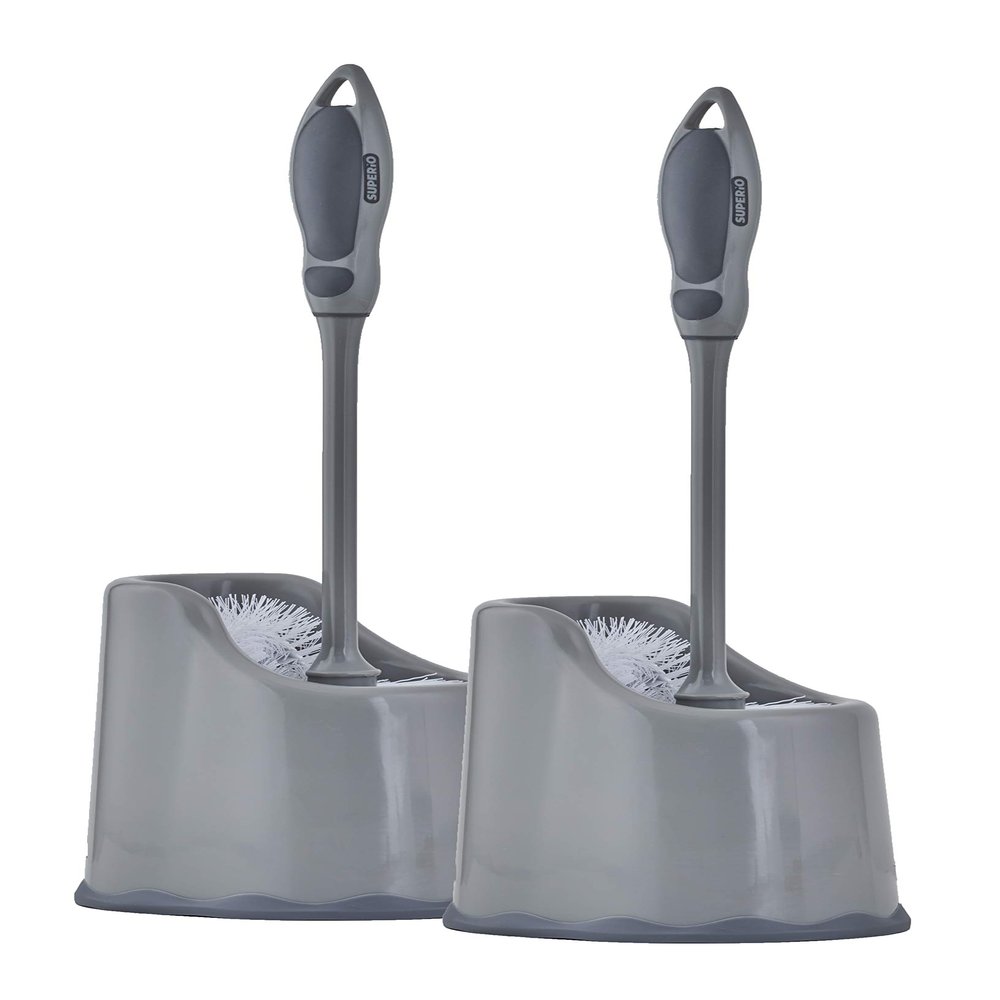 Superio Toilet Bowl Brush and Holder with Under Rim Cleaner for Bathroom, Toilet Brush and Caddy with Non Scratch Bristles and Under Rim Lip Brush, Grey (2 Pack)