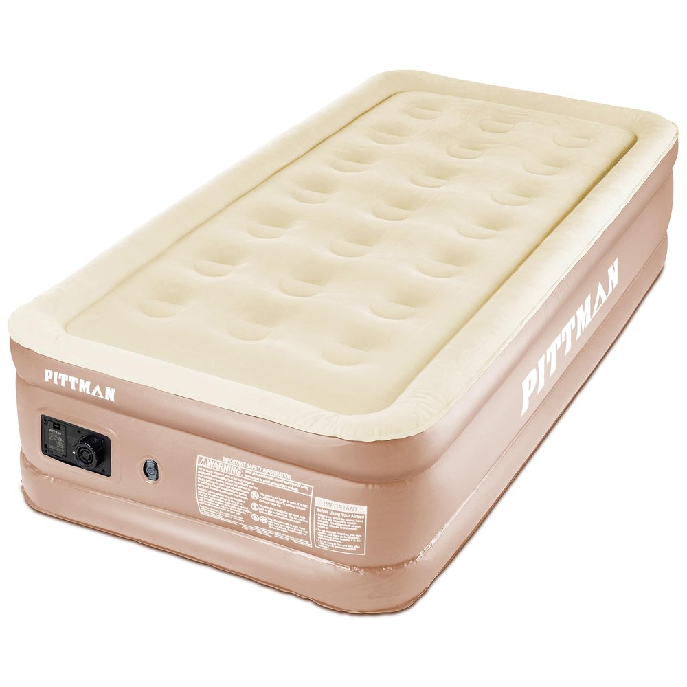 Pittman Outdoors - Tan 18" Luxury Double High Twin Air Mattress with Built in Pump - Premium Comfort Twin Size Blow up Mattress - 300lb Capacity - Ideal for Home Visits, Guests, Travel or Camping