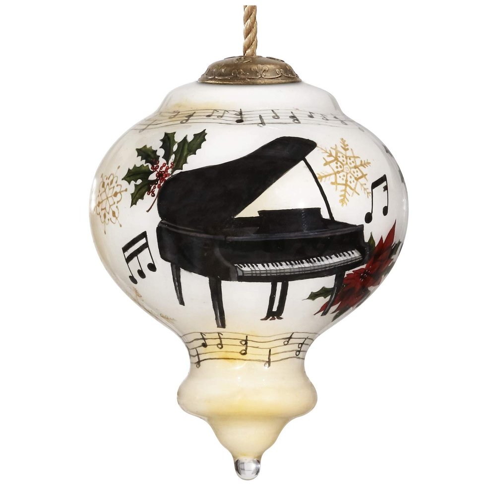 3.75" White and Black Christmas Piano Glass Ornament