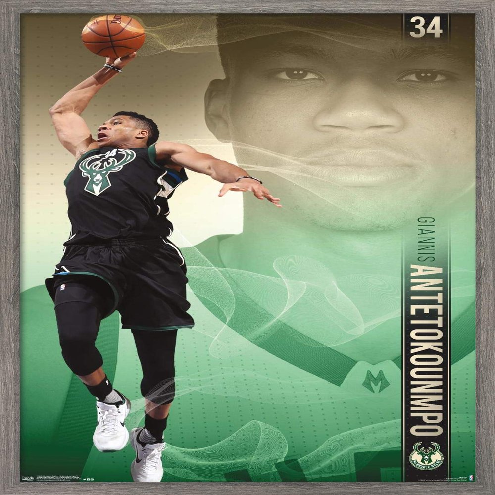 Trends International NBA Milwaukee Bucks - Giannis Antetokounmpo 17 Wall Poster, 22.375" x 34", Barnwood Framed Version