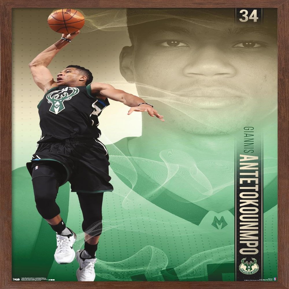 Trends International NBA Milwaukee Bucks - Giannis Antetokounmpo 17 Wall Poster, 14.725" x 22.375", Mahogany Framed Version