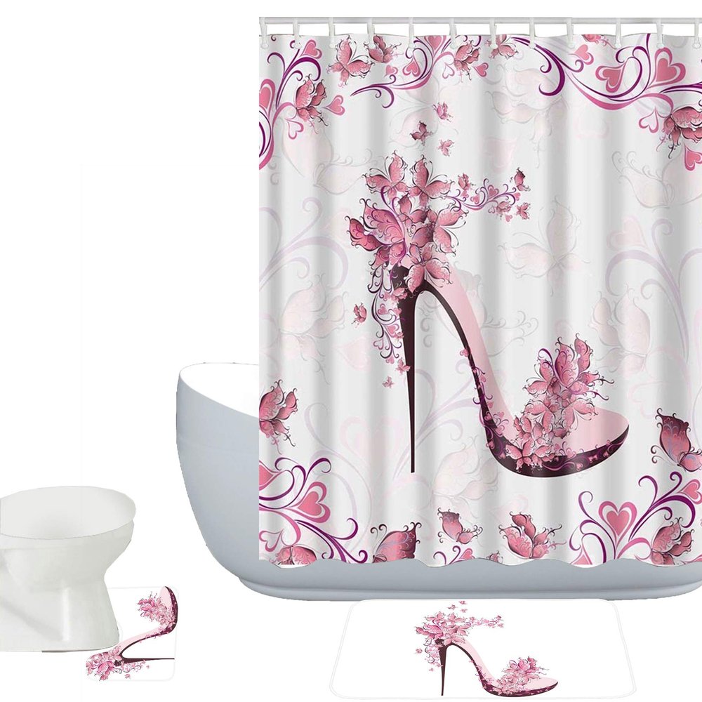 Amagical Pink Butterfly and Girls High Heels Shoe 3 Piece Bathroom Mat Set Shower Curtain Set Bath Mat Contour Mat Fabric Shower Curtain with 12 Hooks