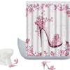 Amagical Pink Butterfly and Girls High Heels Shoe 3 Piece Bathroom Mat Set Shower Curtain Set Bath Mat Contour Mat Fabric Shower Curtain with 12 Hooks view 1