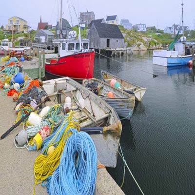 Posterazzi PDDCN07BJY0034LARGE Canada, Nova Scotia, Peggy's Cove. Fishing Gear and Harbor Photo Print, 24 x 36, Multi